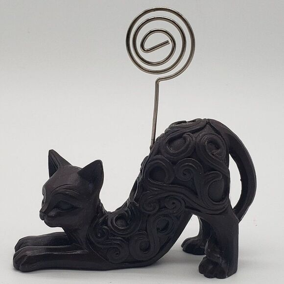 𝅺Deep Brown Resin Scroll Design Stretching Cat Swirl Wire Card Photo Holder - Picture 9 of 9